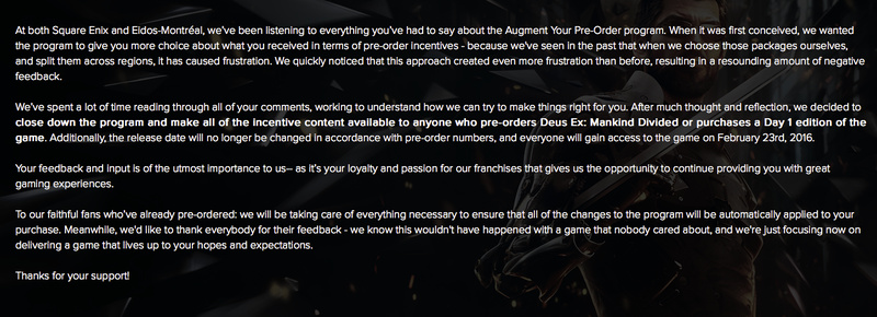 Illustration for article titled Square Enix Cancels Horrible Deus Ex Pre-Order Program